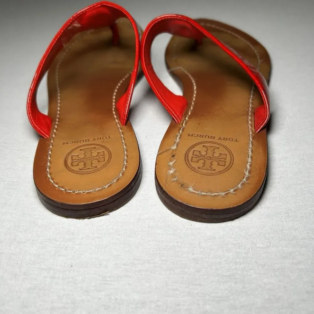 Tory Burch Cameron thong sandals in red patent leather, size 6.5